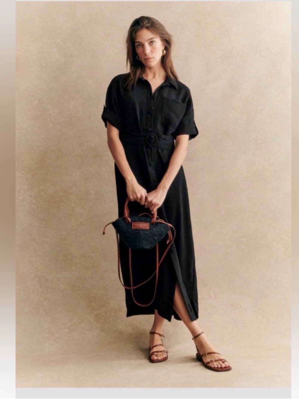 Sezane Dora Black Midi Shirt Dress